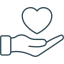 Icône main tendue avec un cœur pour représenter un service attentionné.